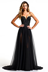 Tulle Strapless Black A Line Long Beaded Black Tie Dress
