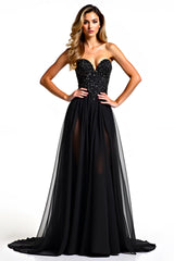 Tulle Strapless Black A Line Long Beaded Black Tie Dress