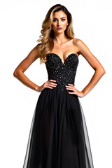 Tulle Strapless Black A Line Long Beaded Black Tie Dress