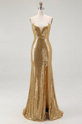 Sparkly Gold Sequin Sweetheart Mermaid Long Formal Dress with Slit