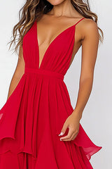 Red Deep A Line V-Neck Ruffled Long Asymmetrical Chiffon Formal Dress