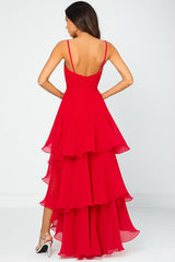 Red Deep A Line V-Neck Ruffled Long Asymmetrical Chiffon Formal Dress