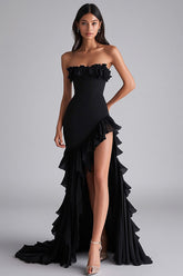Strapless Black Tiered Long Square Neck Formal Dress with Slit