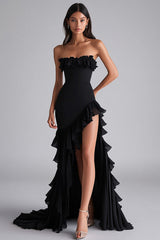 Strapless Black Tiered Long Square Neck Formal Dress with Slit