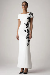 Appliqued White Sheath Long Formal Dress with Short Sleeves