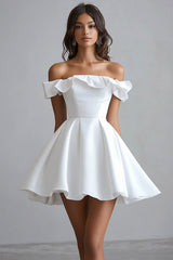 A Line White Satin Off the Shoulder Mini Graduation Dress with Ruffles