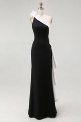 Black White One Shoulder Long Black Tie Dress with 3D Flowers