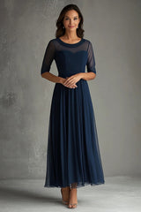 Scoop Navy Illusion Neck A Line Long Formal Dress with Sleeves
