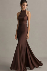Simple Coffee Satin Mermaid Long Formal Dress
