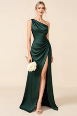 One Shoulder Pine Satin Long Bridesmaid Dress with Slit