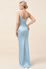 Sky Blue Satin Sheath Maxi Long Backless Bridesmaid Dress