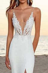 Ivory Sweep Train Deep V-Neck Mermaid Wedding Dress with Slit