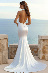 Simple Ivory Satin Mermaid Halter Neck Sweep Train Wedding Dress