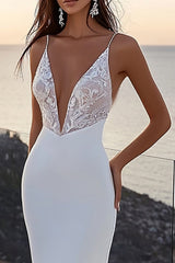 Ivory Deep V-Neck Sweep Train Mermaid Wedding Dress