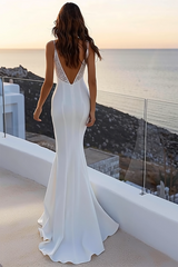 Ivory Deep V-Neck Sweep Train Mermaid Wedding Dress