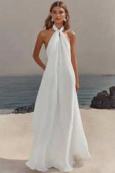 Chiffon White A Line Halter Long Rehearsal Dinner Dress