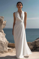 White Chiffon Sheath Ruched Sleeveless Long Rehearsal Dinner Dress
