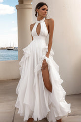 A Line White Ruffled Keyhole Long Rehearsal Dinner Dress with Slit