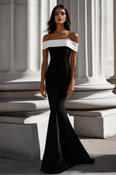 White Mermaid Satin Long Off the Shoulder Black Tie Dress