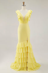 Yellow Chiffon Mermaid Ruffled Long Formal Dress with Slit