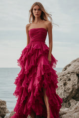 Fuchsia Tulle Tiered A Line Long Formal Dress with Ruffles
