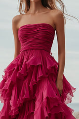 Fuchsia Tulle Tiered A Line Long Formal Dress with Ruffles
