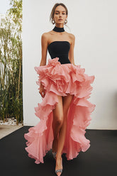 Black&Pink Chiffon High Low A Line Tiered Formal Dress