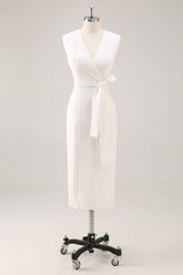 White V-Neck Sleeveless Satin Midi Formal Dress with Slit