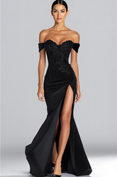 Sparkly Off the Shoulder Mermaid Long Satin Black Tie Dress with Slit