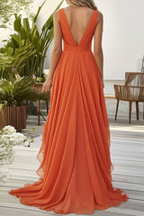 Orange Chiffon Deep V-Neck Long Wedding Guest Dress with Ruffles