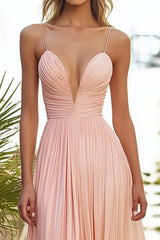 Pink Spaghetti Straps Chiffon Pleated Long Wedding Guest Dress