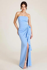 Sky Blue Square Neck Long Sheath Wedding Guest Dress with Slit