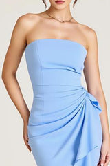 Sky Blue Square Neck Long Sheath Wedding Guest Dress with Slit