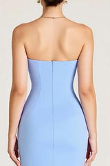 Sky Blue Square Neck Long Sheath Wedding Guest Dress with Slit