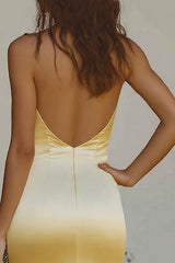 Mermaid Light Yellow Halter Long Satin Bridesmaid Dress