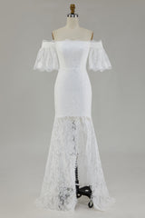 White Lace Mermaid Off the Shoulder Maxi Wedding Dress with Slit
