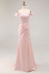 Pink Mermaid Off the Shoulder Satin Long Prom Dress with Lace