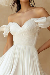 Chiffon Pleated A Line Mini Little White Dress with Ruffles