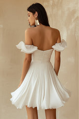 Chiffon Pleated A Line Mini Little White Dress with Ruffles