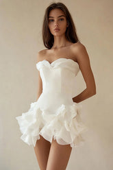 A Line Strapless Tiered Little White Dress with Ruffles