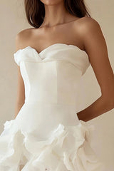 A Line Strapless Tiered Little White Dress with Ruffles