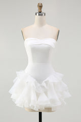A Line Strapless Tiered Little White Dress with Ruffles