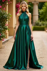 Dark Green A Line Long Satin Prom Dress with Slit