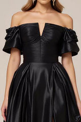 A Line Satin Off the Shoulder Long Black Tie Dress with Slit