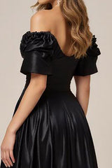 A Line Satin Off the Shoulder Long Black Tie Dress with Slit