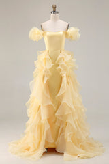 Yellow Satin Long Off the Shoulder Prom Dress with Ruffles