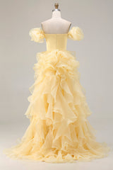 Yellow Satin Long Off the Shoulder Prom Dress with Ruffles