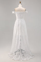 White Off The Shoulder Lace A Line High-Low Boho Maxi Dress