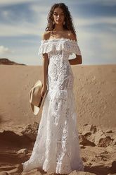 White Lace Off The Shoulder Long Boho Maxi Dress with Ruffles