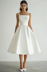 White A Line Satin Square Neck Midi Engagement Dress